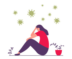 Woman in depression fear of coronavirus.Character with psychological problems isolated on a white background.Flat illustration vector.