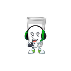 A cartoon design of glass of milk talented gamer play with headphone and controller