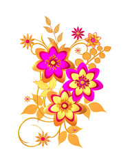Floral arrangement, stylized golden leaves and flowers, shiny berries, delicate curls, geometric shape, paisley elements, isolated on a white background. 3d rendering