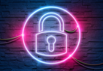 Web security neon icon illuminating a brick wall with blue and pink glowing light 3D rendering