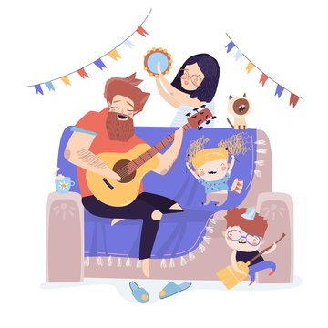 Vector illustration of happy family playing music together