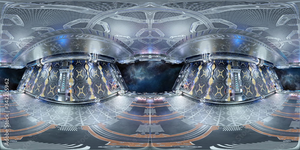 Sticker high resolution hdri panoramic view of a spaceship interior. 360 panorama reflection mapping of a fu