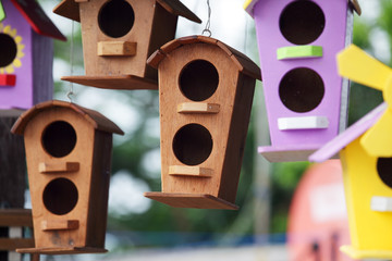 colorful wooden bird house as background