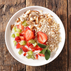 healthy breakfast with cereal, fruits and milk