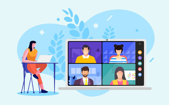 Illustrations Flat Design Concept Video Conference. Online Meeting Work Form Home. Vector Illustrate.