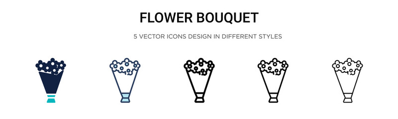 Flower bouquet icon in filled, thin line, outline and stroke style. Vector illustration of two colored and black flower bouquet vector icons designs can be used for mobile, ui, web