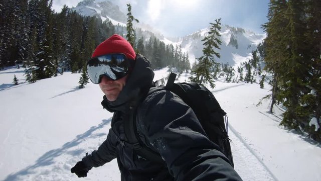 Smiling Snowboarder Selfie Cruising Mt Rainier National Park Backcountry