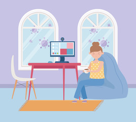 stay at home, woman with coffee cup in room with computer video