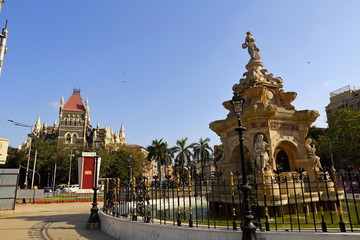 MUMBAI, INDIA - February 7, 2019: Flora Fountain, at the Hutatma Chowk Martyr`s Square, is an ornamentally sculpted architectural heritage monument 