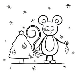 Children's contour coloring. A mouse decorates a Christmas tree with toys. Vector illustration for children's decor, cards, posters and books.