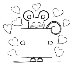 Children's contour coloring. The mouse holds in its paws a poster for text. Love card with hearts. Vector illustration for children's decor, cards, posters and books.