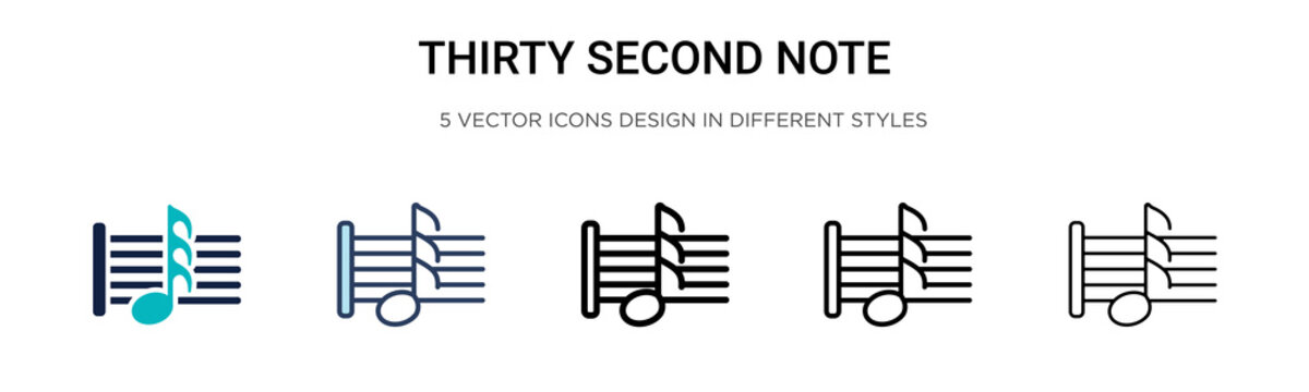 Thirty second note icon in filled, thin line, outline and stroke style. Vector illustration of two colored and black thirty second note vector icons designs can be used for mobile, ui, web