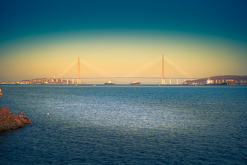 Seascape with a view of the Russian bridge. Vladivostok, Russia