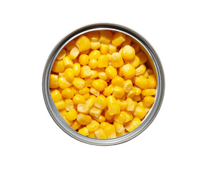 Canned pickled corn isolated on white background.The sweet corn in can,top view