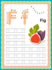 Preschool Colorful letter F Uppercase and Lowercase Tracing alphabets start with Vegetables and fruits daily writing practice worksheet, printable A4 size - vector illustration exercise for kids