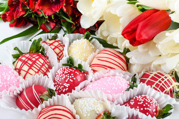 Chocolate dipped strawberries dessert mix ideal for Valentine's Day, Mother's Day, Woman's Day, brunch buffet, birthday or name day celebration party, romantic candy bar with spring March flowers