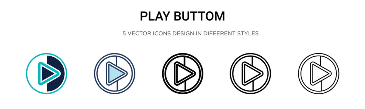 Play buttom icon in filled, thin line, outline and stroke style. Vector illustration of two colored and black play buttom vector icons designs can be used for mobile, ui, web