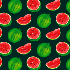 Watercolor seamless pattern of half a juicy bright watermelon, a whole watermelon and a piece of watermelon.