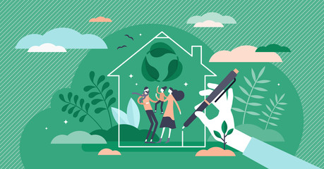 Green home vector illustration. Ecological house flat tiny persons concept.