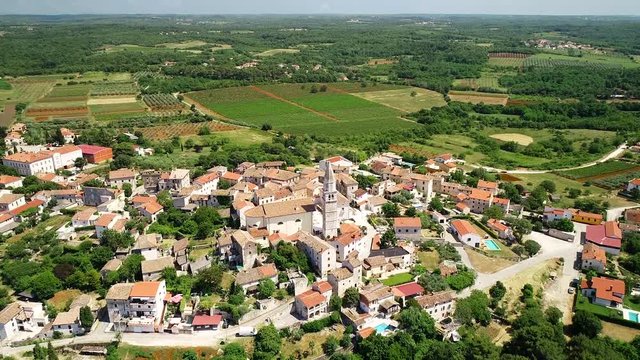 Istria. Town of Visnjan on green istrian hill aerial drone footage, Istria region of Croatia