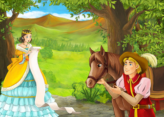 Obraz na płótnie Canvas Cartoon nature scene with prince and princess and on journey