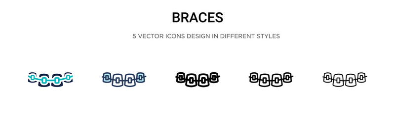 Braces icon in filled, thin line, outline and stroke style. Vector illustration of two colored and black braces vector icons designs can be used for mobile, ui, web