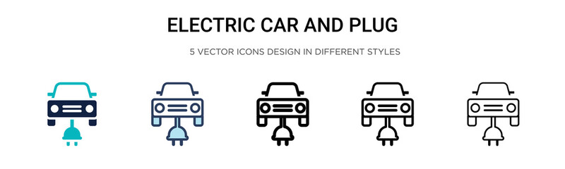 Obraz premium Electric car and plug icon in filled, thin line, outline and stroke style. Vector illustration of two colored and black electric car and plug vector icons designs can be used for mobile, ui, web