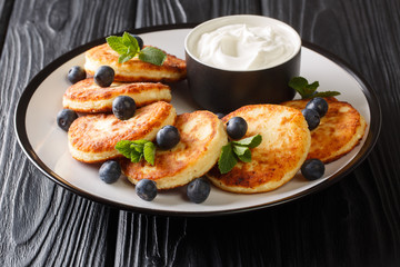 Serving of healthy syrniki served with blueberries, mint and sour cream closeup in a plate. horizontal