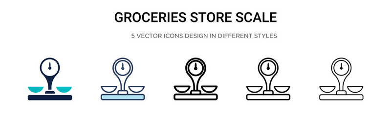 Groceries store scale icon in filled, thin line, outline and stroke style. Vector illustration of two colored and black groceries store scale vector icons designs can be used for mobile, ui, web