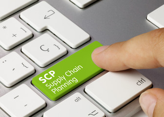 SCP Supply Chain Planning - Inscription on Green Keyboard Key.