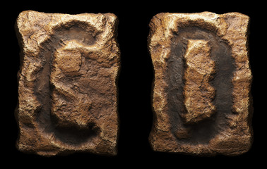 Set of rocky letters C, D. Font of stone on black background. 3d