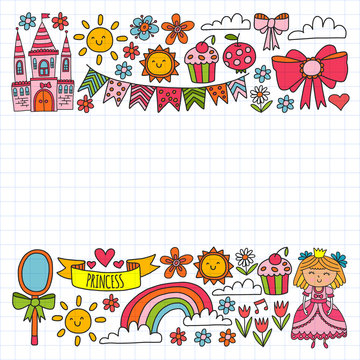 Vector pattern for little girls. Princess illustration for happy birthday party. Blackboard chalk illustration