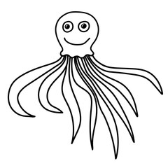 Hand drawn outline black vector illustration of a beautiful happy octopus isolated on a white background