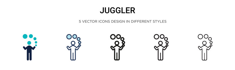 Juggler icon in filled, thin line, outline and stroke style. Vector illustration of two colored and black juggler vector icons designs can be used for mobile, ui, web