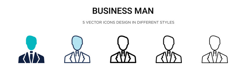 Business man icon in filled, thin line, outline and stroke style. Vector illustration of two colored and black business man vector icons designs can be used for mobile, ui, web