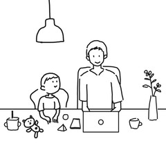 自宅でパソコンをする父親と小さい息子
