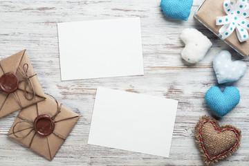 Flat lay composition with handmade fabric hearts