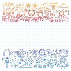 Fototapeta na wymiar Vector pattern for little girls. Princess illustration for happy birthday party. Blackboard chalk illustration