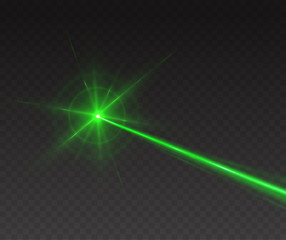 Laser beam isolated on transparent background. Abstract green shine light ray with glow flash. Vector neon line effect
