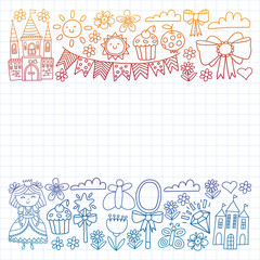 Vector pattern for little girls. Princess illustration for happy birthday party. Blackboard chalk illustration