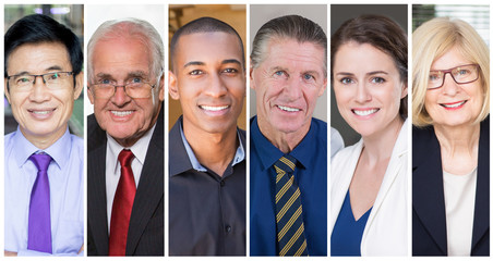 Positive successful young and mature professionals portrait set. Smiling business men and women of different ages and races multiple shot collage. Business people concept