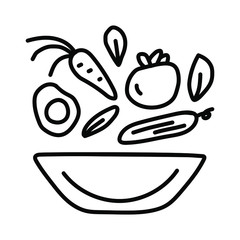 Bowl with salad ingredients. Vector outline icon illustration. Concept for cafe, restaurant.