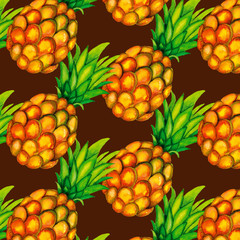 Pineapple ripe fruit whole with leafs closeup isolated on brown background. Seamless watercolor pattern