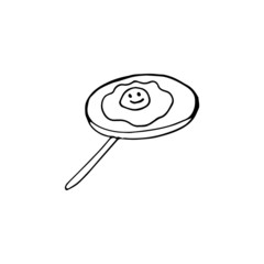 Single hand drawn fraying pan with egg illustration in doodle style in vector. Cute omelette icon.