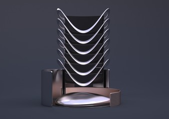 Modern futuristic composition. Gold podium, bronze and chrome details and decorations made of white and black metal on a gray background. 3D illustration