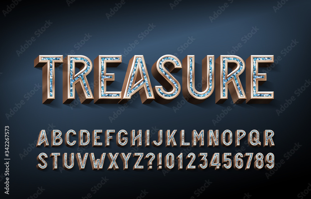 Fototapete treasure alphabet font. 3d gold letters and numbers with gemstones. stock vector typescript for your