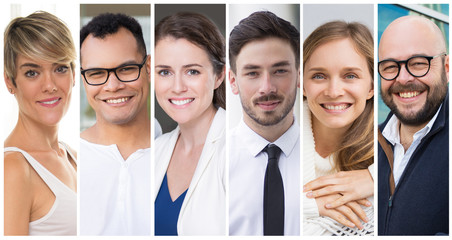 Happy young Caucasian people portrait set. Smiling men and women in casual and business clothes multiple shot collage. Business people concept
