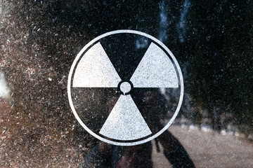 radioactive energy symbol on the concrete stone. Memorial in Tiraspol for those affected in Chernobyl. - obrazy, fototapety, plakaty