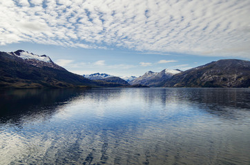 Breathtaking panoramic landscape scenery with mountains and glaciers inside Beagle Channel while...