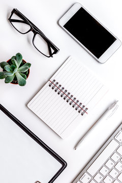 Modern Flat Lay With Office Items On White Desk Background Top View Mockup